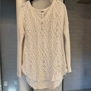 Free People Ivory V-Neck Cable Knit Sweater